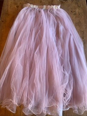 Romantic Dusty Pink Tulle Maxi Train with Floral Waist